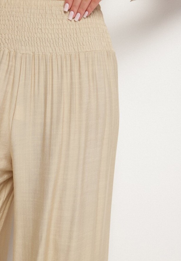 Beżowe Wiskozowe Szerokie Spodnie z Wysokim Stanem Orrilia
