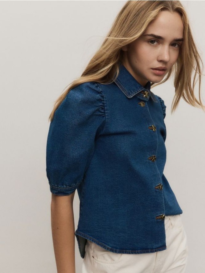 Jeansowa koszula z ozdobnymi guzikami - niebieski