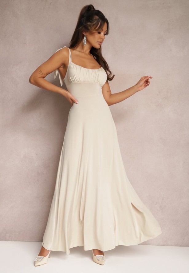 Beżowa Długa Sukienka z Marszczonym Dekoltem i Wiązanymi Ramiączkami Rozvita