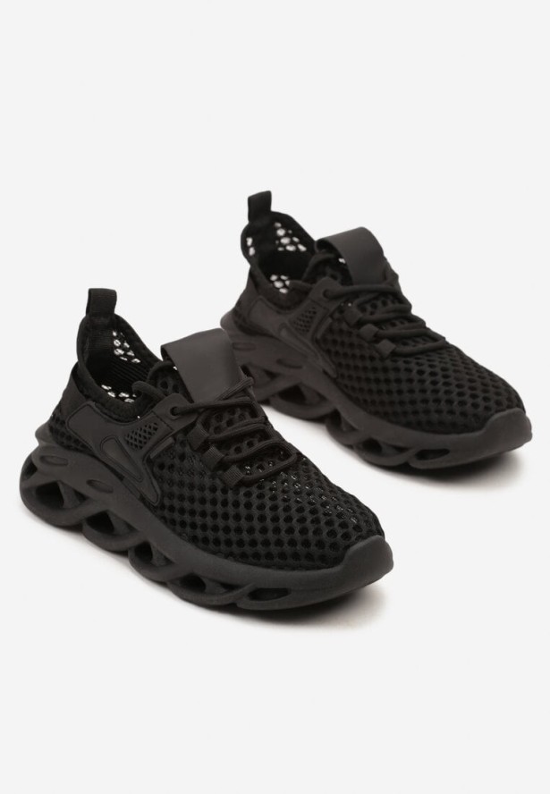 Czarne Siateczkowe Buty Sportowe Sneakersy na Grubej Tłoczonej Podeszwie Telarienna