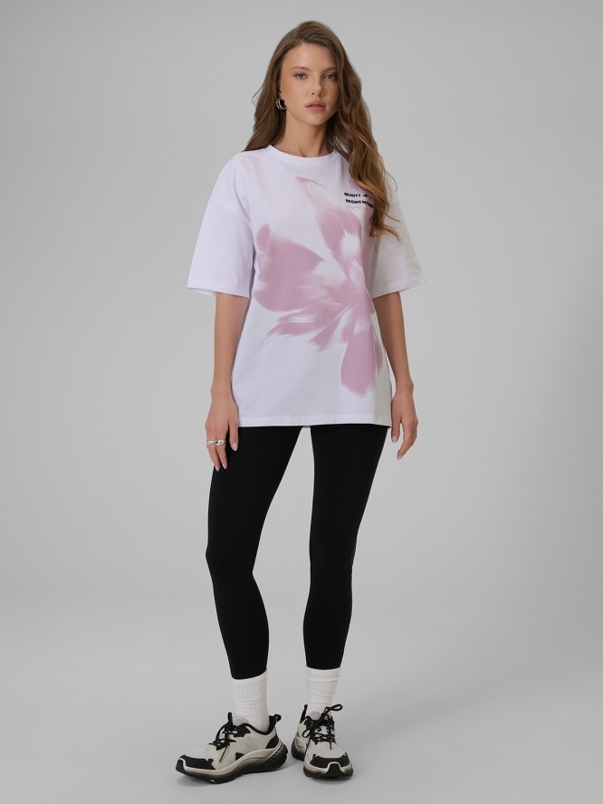 4F T-shirt loose z nadrukiem damski - biały M