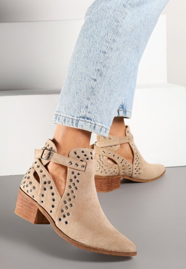 Beżowe Botki Kowbojki Vices na Obcasie Ozdobione Wycięciem i Metalicznymi Wstawkami Nelori