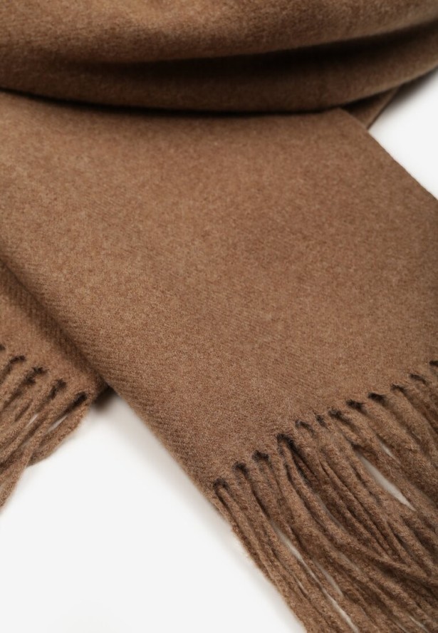 Ciemnobeżowy Szalik z Tkaniny Wykończony Frędzlami Teofilla