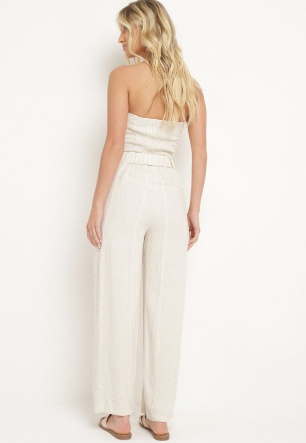 Jasnobeżowy Kombinezon Zwężany w Talii Lnem i Wiskozą Qurefia