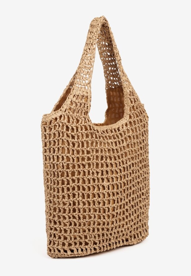 Ciemnobeżowa Torebka Shopper z Plecionką i Napisami Navessa