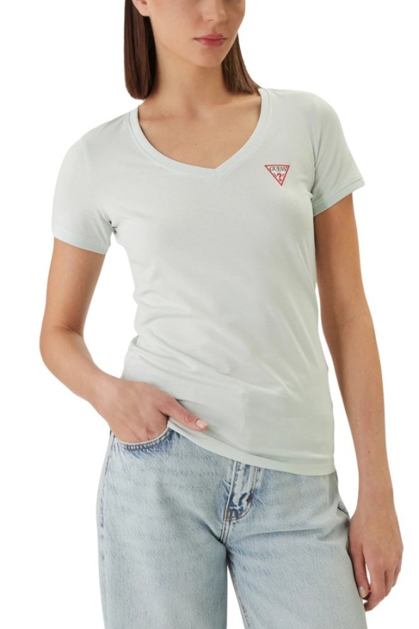 GUESS Miętowy damski t-shirt na krótki rękaw V-Neck Mini Triangle, Rozmiar S