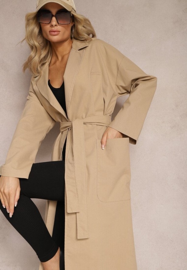 Beżowy Płaszcz z Wiązanym Paskiem Oversize Terethia