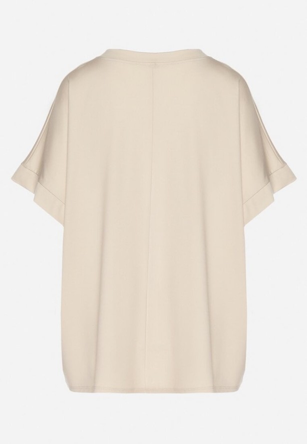 Beżowy T-shirt z Wiskozą o Kroju Nietoperza Tanariona