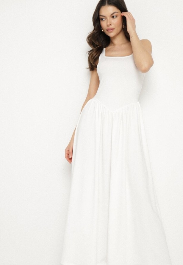 Biała Sukienka z Wiskozą o Rozkloszowanym Kroju z Kwadratowym Dekoltem Tilvia