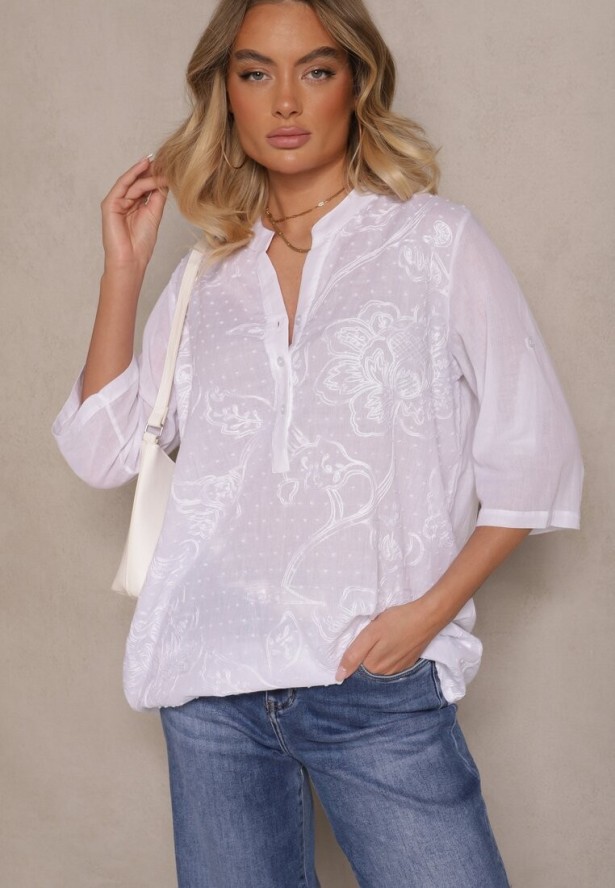 Biała Bawełniana Koszula Ozdobiona Haftem i Regulowanymi Rękawami Aranovia