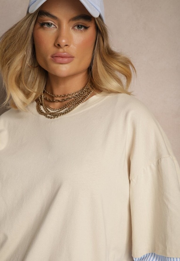 Beżowa Bawełniana Bluzka Ozdobiona Koszulowymi Rękawami w Paski Milseli