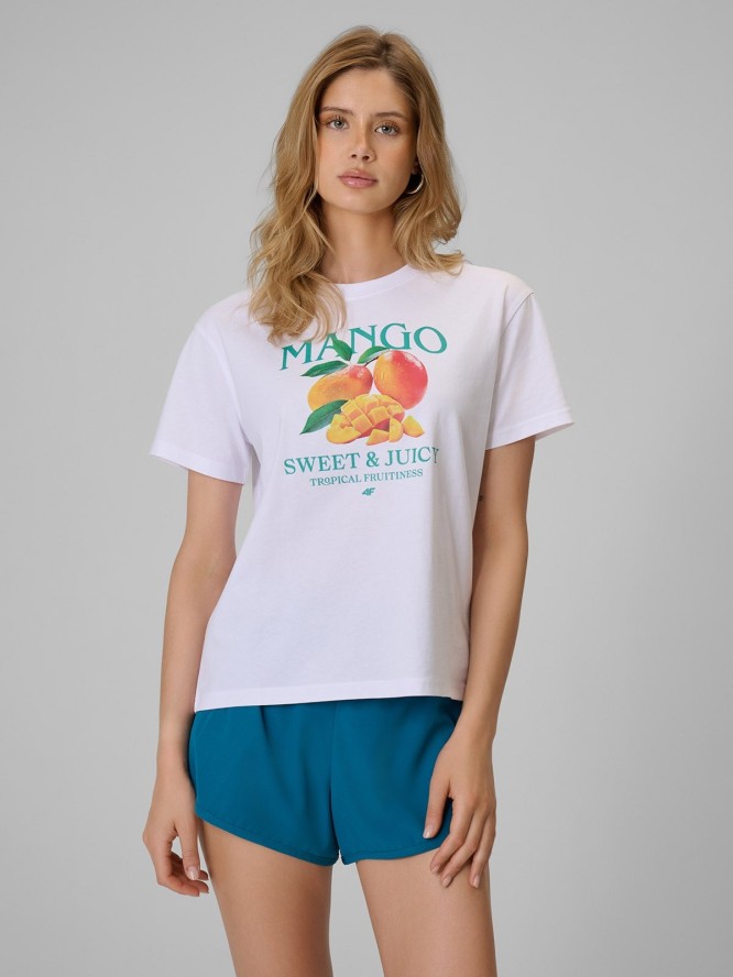 4F T-shirt loose z nadrukiem damski - biały XS