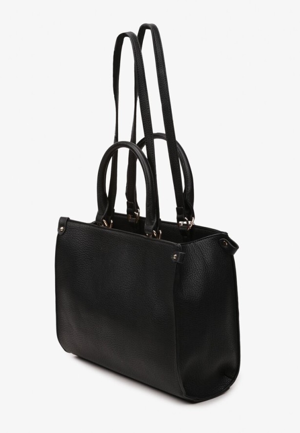 Czarna Torebka z Ekoskóry z Naszytą Kieszenią i Metalicznymi Okuciami Htilia