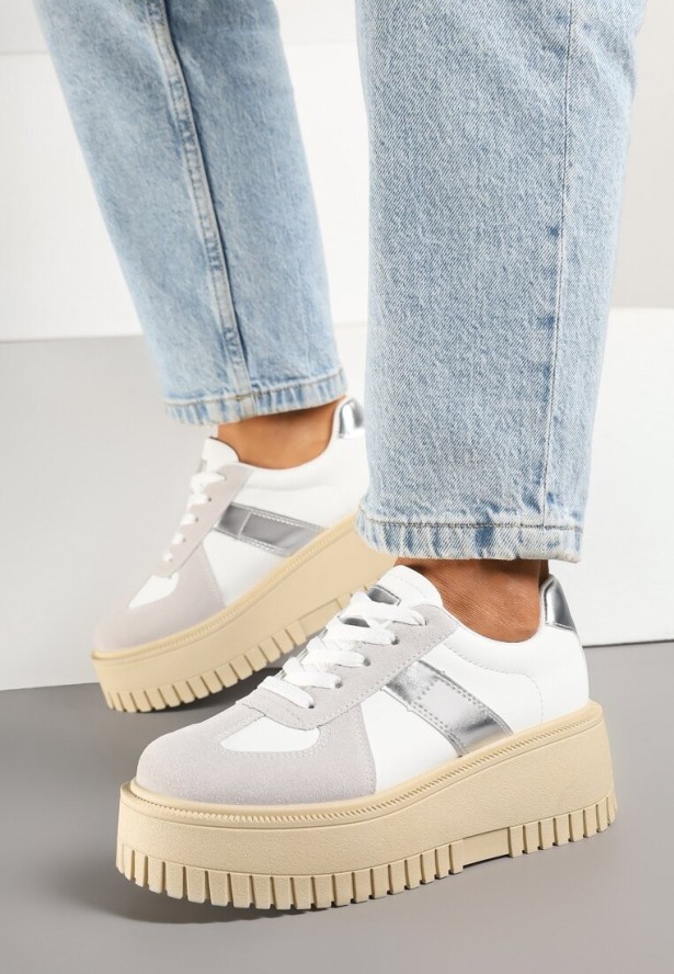 Biało-Szare Sneakersy na Platformie Ozdobione Paskiem Vivesse