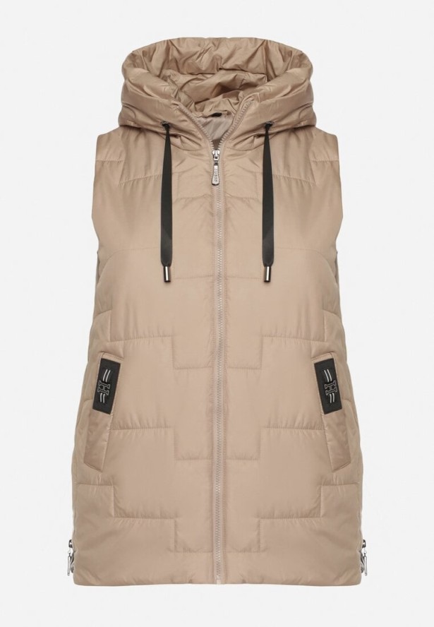Beżowa Pikowana Kamizelka z Kapturem i Sznurkami Imvila