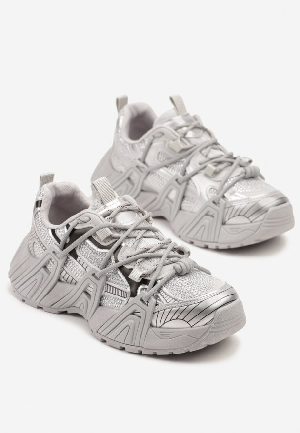 Srebrne Sneakersy na Grubej Podeszwie Ozdobione Tłoczeniem Zardisa