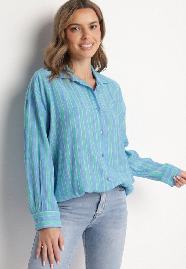 Niebieska Koszula z Wiskozą Ozdobiona Paskami Liavona