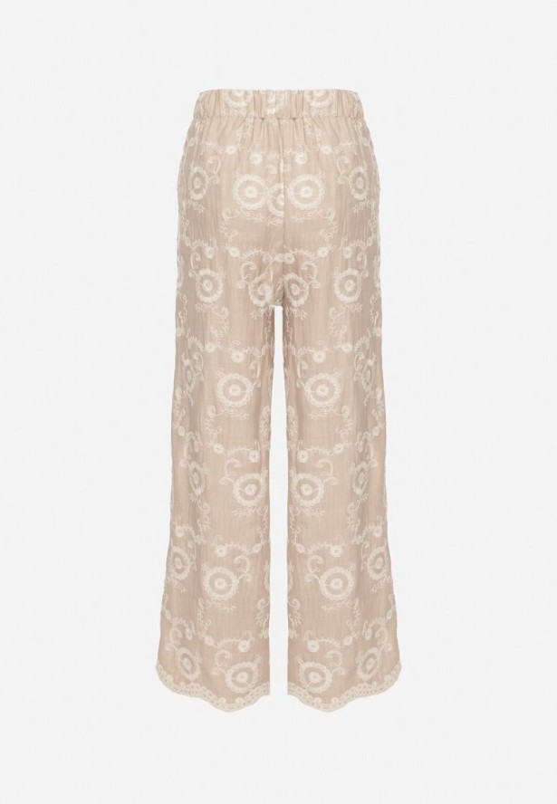 Beżowe Szerokie Spodnie z Wysokim Stanem i Haftem Tulsedi