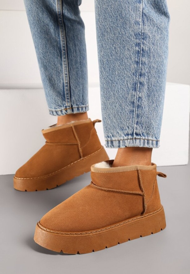 Brązowe Krótkie Śniegowce ze Skóry Naturalnej Ocieplane Futerkiem Riasirae