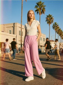 Spodnie wide leg z miękkiej dzianiny z domieszką wiskozy soft touch - różowy
