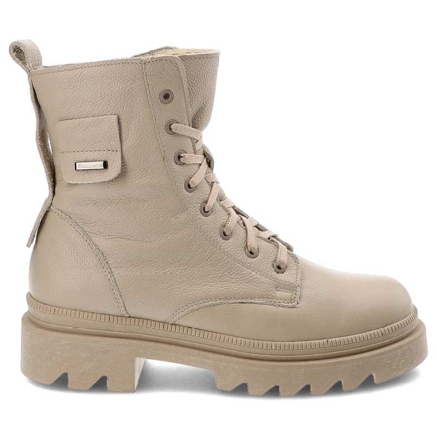 Beżowe Botki Pollonus Skórzane Ocieplane Buty Damskie