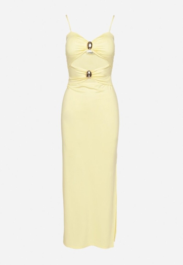 Żółta Sukienka Dopasowana na Ramiączkach z Wycięciami pod Biustem i Metalowymi Detalami Galentia