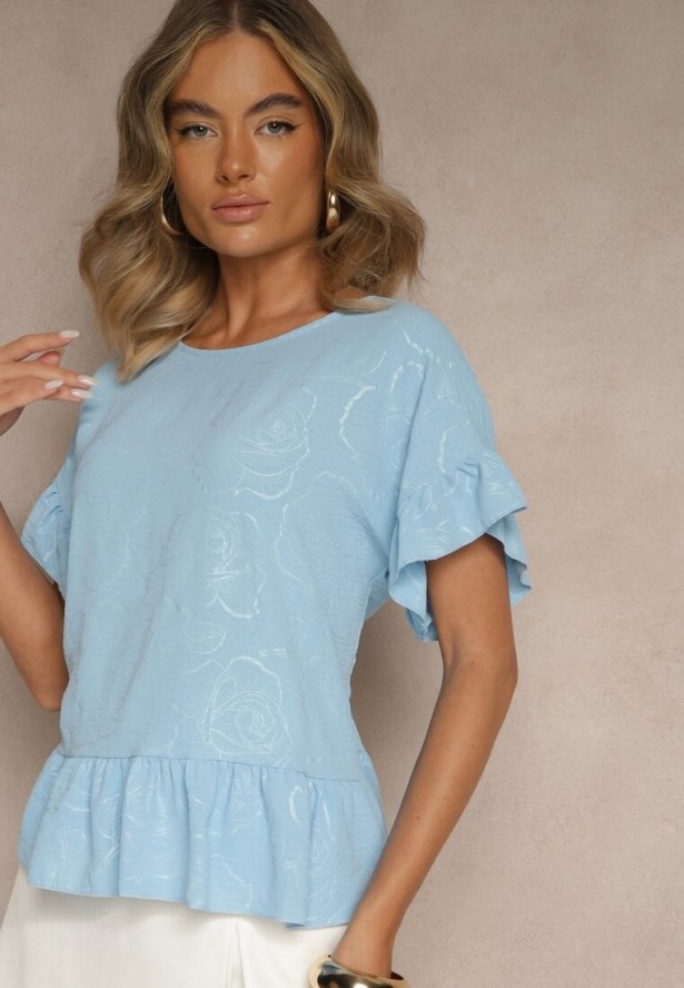 Jasnoniebieska Bluzka Oversize Ozdobiona Falbanami Liriele