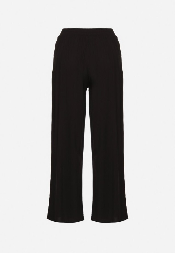 Czarne Wiskozowe Szerokie Spodnie z Wysokim Stanem Ozdobione Wiązaniem Lisozi