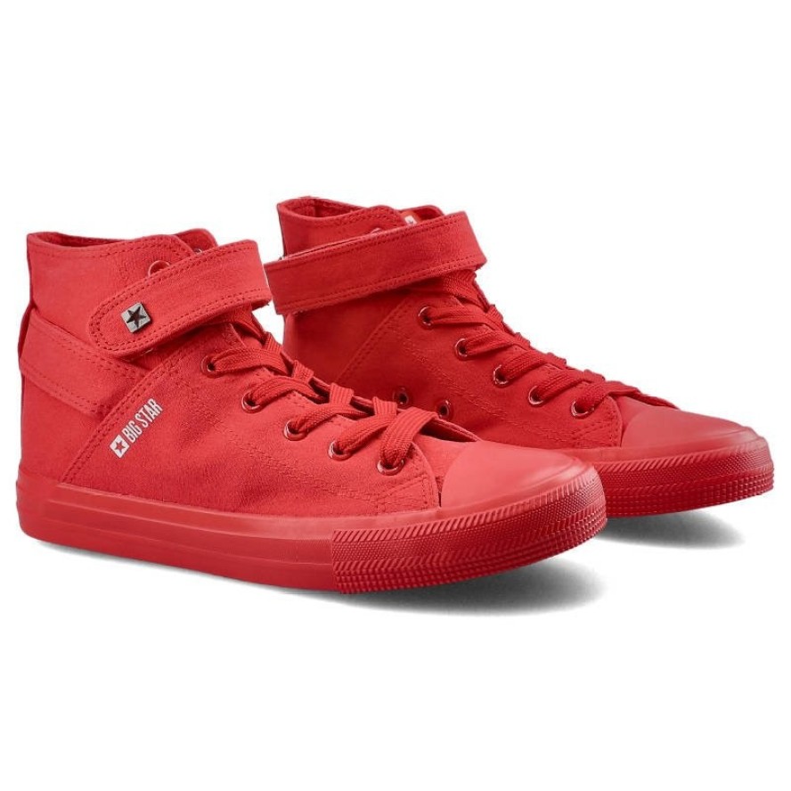 Trampki damskie Big Star, materiałowa sznurowana cholewka na klasycznym płaskim gumowym spodzie, czerwone, FF274580