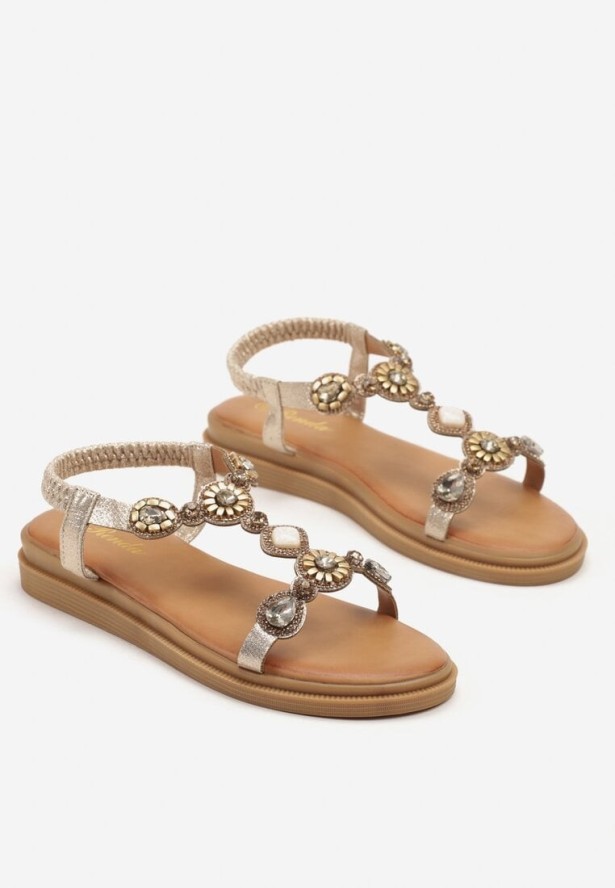 Złote Płaskie Sandały z Kryształkami i Cyrkoniami Julissema
