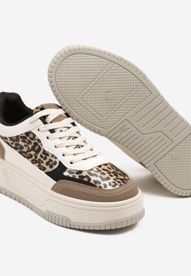 Beżowo-Brązowe Sneakersy na Tłoczonej Platformie Ozdobione Wzorem w Panterkę Deoranae