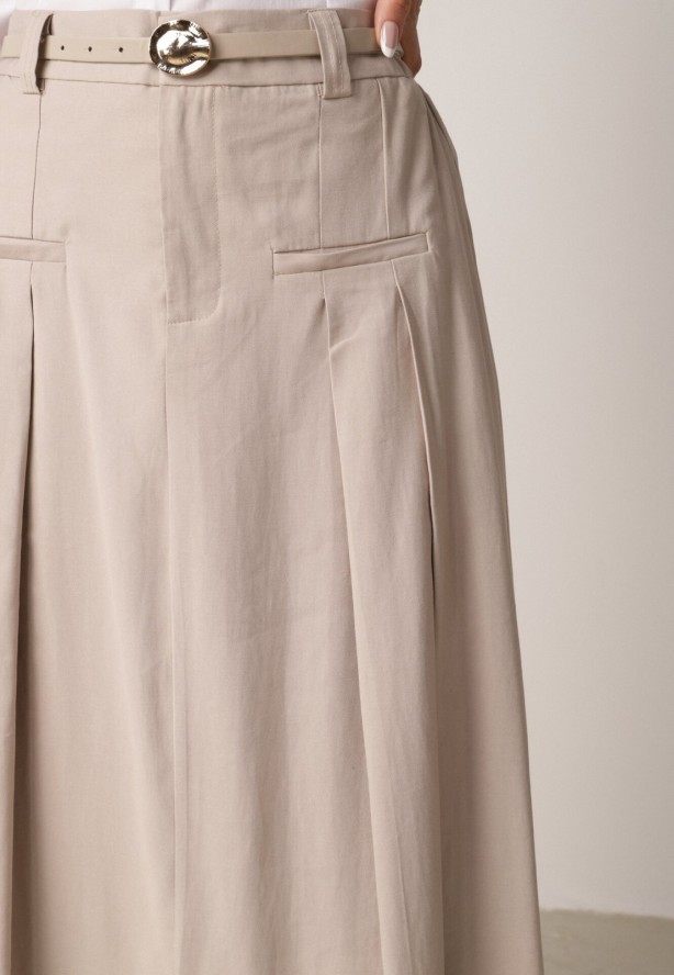 Beżowa Wiskozowa Spódnica o Rozkloszowanym Kroju z Plisami i Paskiem Rolea