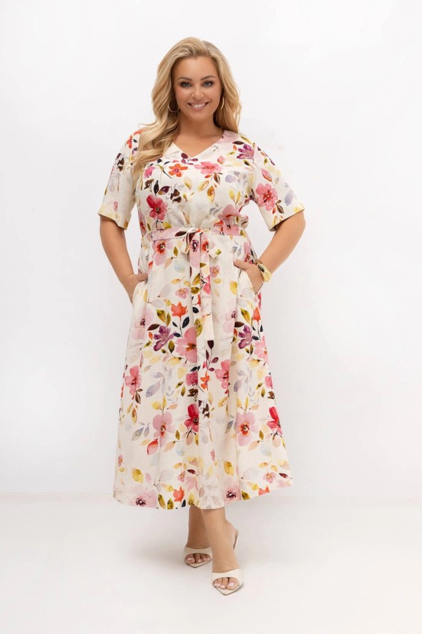 Sukienka midi lniano-bawełniana w kwiaty Florka z paskiem | PLUS SIZE OVERSIZE LATO