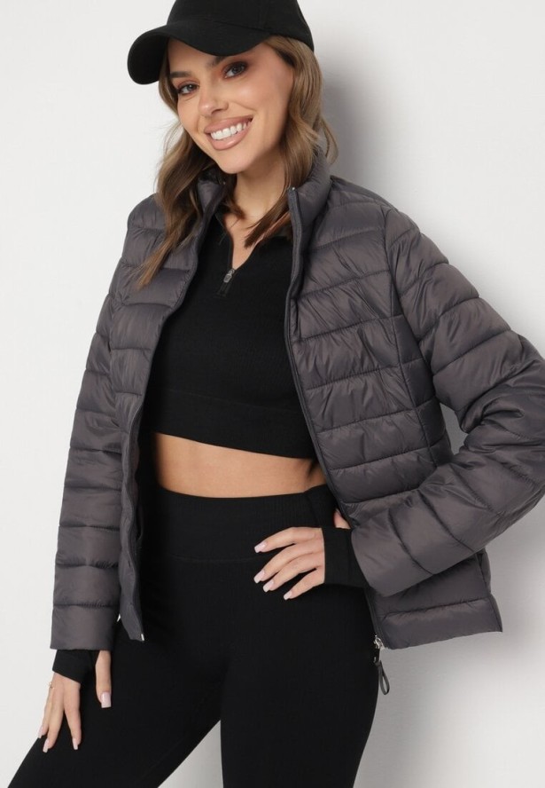 Ciemnoszara Pikowana Kurtka w Klasycznym Stylu Nelaniel