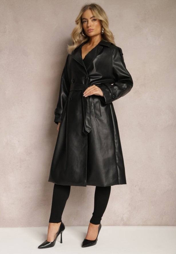 Czarny Płaszcz Dwurzędowy z Ekoskóry z Wiązaniem w Pasie i Wsuwanymi Kieszeniami Lihova