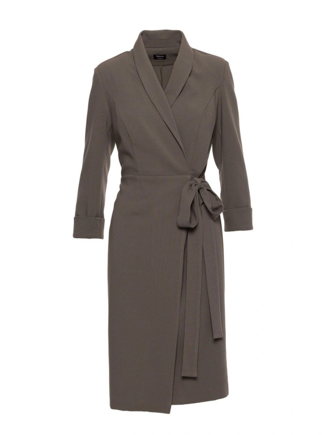 Elegancka sukienka ołówkowa kopertowa z wiązaniem khaki