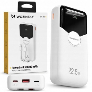 Powerbank 20000mah 22,5w PD 20w z wbudowanymi kablami lightning i usb-c