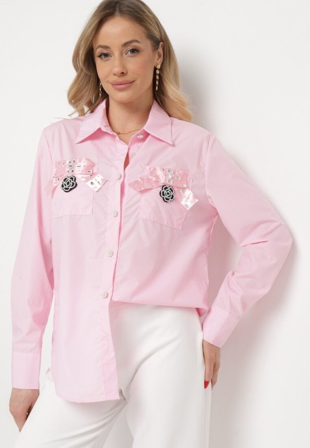 Różowa Koszula na Biżuteryjne Guziki ze Zdobionymi Kieszeniami Nerlla