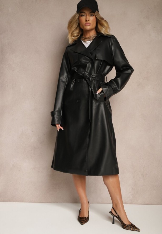 Czarny Płaszcz Trencz z Ekoskóry Wiązany w Pasie Ozdobiony Paskami Valentisha