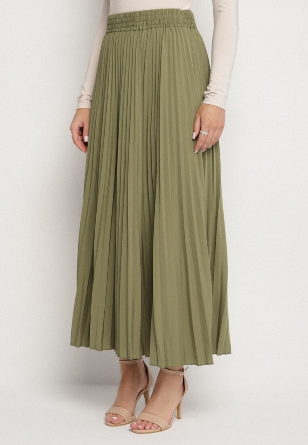 Jasnozielona Spódnica Plisowana o Rozkloszowanym Kroju z Gumką w Talii Sarlimi