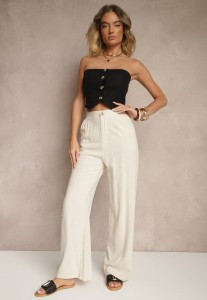 Jasnobeżowe Spodnie z Lnu i Wiskozy z Szeroką Nogawką i Gumką w Talii Helzeri