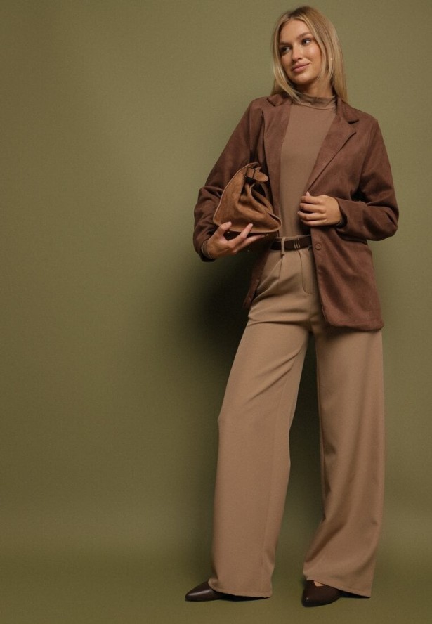 Brązowa Marynarka Oversize z Imitacji Zamszu o Pudełkowym Kroju Alonella