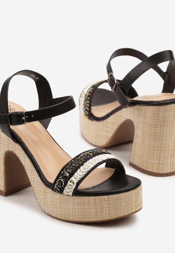 Czarne Sandały na Słupku i Platformie z Plecionką Calio
