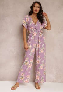 Różowy Kopertowy Kombinezon w Kwiaty z Gumką w Talii Jazila