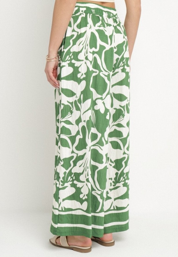 Zielone Szerokie Spodnie z Wysokim Stanem w Kwiatowy Wzór Tolirida