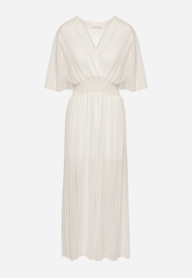 Biały Plisowany Kombinezon o Kopertowym Kroju z Gumką w Talii Ameddie