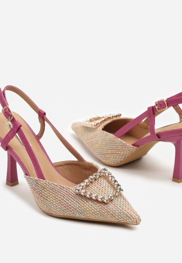 Beżowo-Fuksjowe Szpilki z Odkrytą Piętą Plecioną Cholewką i Metaliczną Ozdobą Neltina