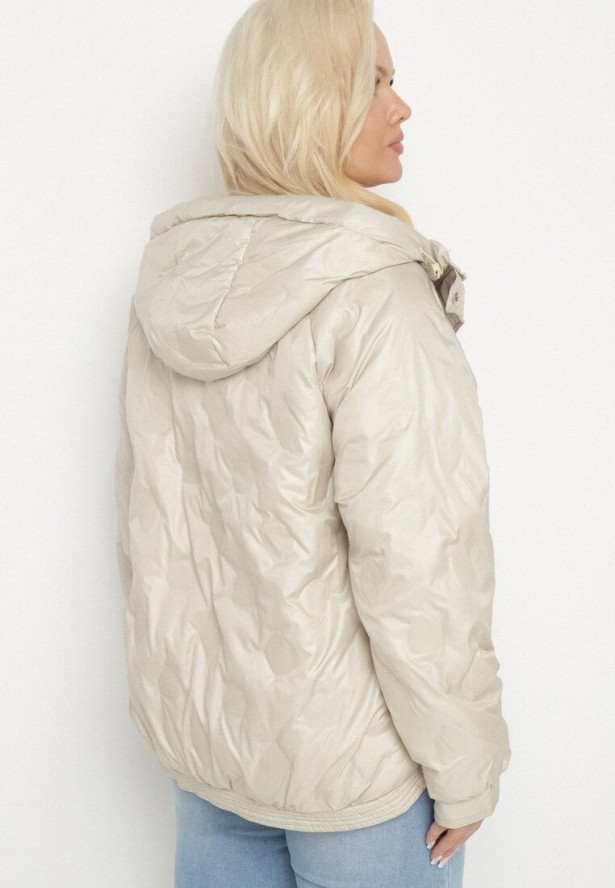 Beżowa Kurtka Pikowana z Kapturem i Kieszeniami o Pudełkowym Kroju Eravinna