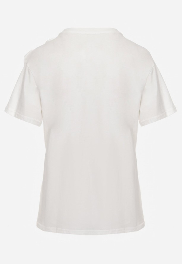 Biały T-shirt Bluzka z Bawełny z Krótkim Rękawem i Aplikacją Kwiatu Dimasa