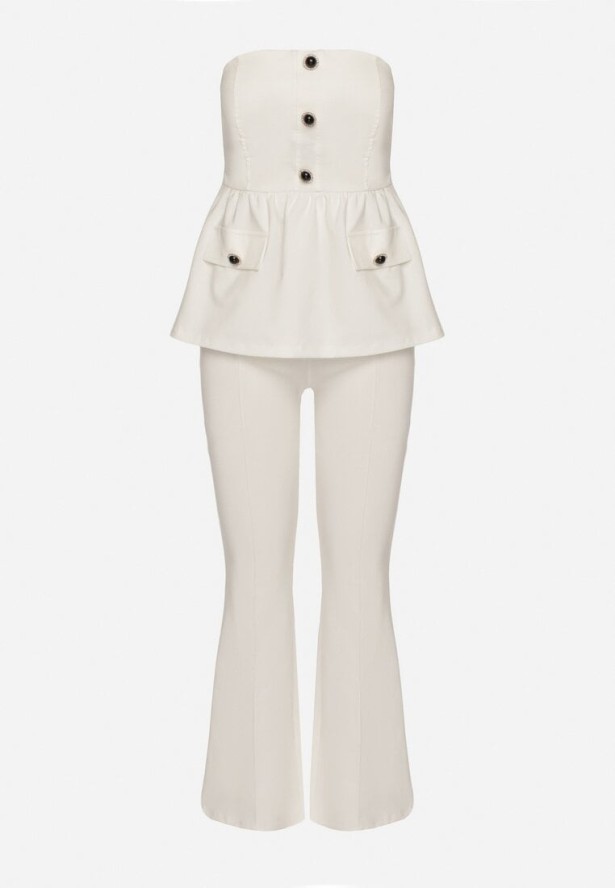 Biały Komplet Top z Baskinką Zdobiony Guzikami i Spodnie Dzwony Sovkio